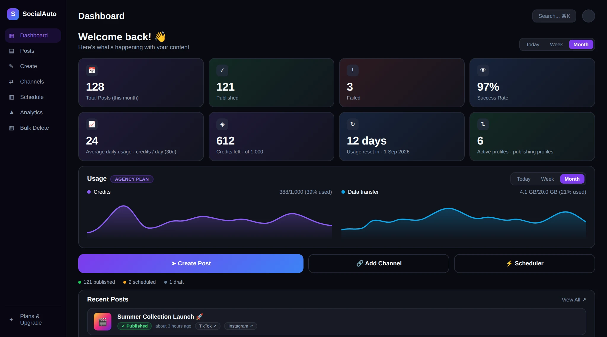 SocialAutoUpload dashboard — posts published to Facebook, Instagram, YouTube, TikTok and Telegram, with success rate, credits and data-transfer usage charts